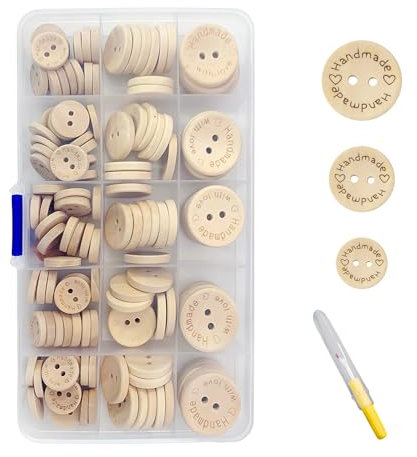 1 Box (140 Stück) Holzknöpfe mit 1 Nahttrenner, runde Knöpfe, handgefertigte Knöpfe, Knöpfe mit „handmade with love“-Worten, Zwei-Loch-Knöpfe