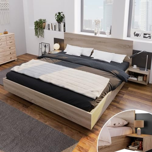 buiesjole Holzbett Bettanlage Mit 2 Nachtkommoden Doppelbett King Size Mit Kopfteil Und Lattenrost Jugendbett Für Erwachsene Jugendliche Gästebett Für Schlafzimmer Gästezimmer Dunkelgrau 160 X 200 cm