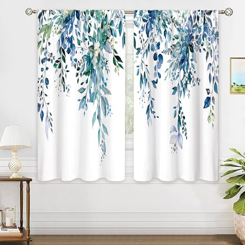 oolygoo Rideaux de fenêtre, Motif de Fleurs Sauvages, Plantes Sauvages, Herbe et Feuilles d'eucalyptus, Fleur Turquoise, Aquarelle, pour Chambre à Coucher, Salon, Bleu Sarcelle, 106 x 114 cm (l x h)