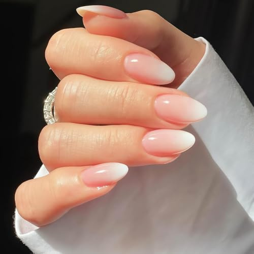 MouyouGlow Press on Nails Kurz,Almond Nude Rosa Farbverlauf Weiß Fake Nails Full Cover Kunstnägel mit Nagelkleber,Eckig Pink Gradient White Acryl Künstliche Fingernägel für Frauen & Mädchen