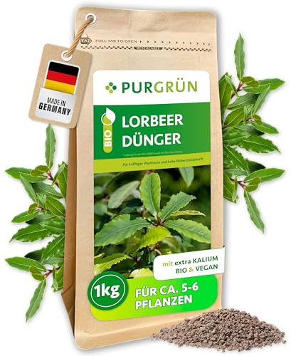 Purgrün® Bio-Lorbeer-Dünger 1 kg – Rein natürliche Rezeptur – Feines Krümelgranulat – NPK 6+2+7 – Extra Magnesium für leuchtend grüne Blätter – Verbessert die Bodenqualität - Für bis zu 5 Pflanzen