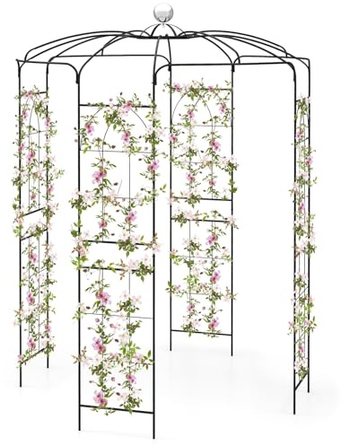 GOPLUS Cenador de Metal para Rosas y Jardín Con Gancho para Colgar y 8 Estacas - Redondo, 286 cm de Altura, Arco de Rosas, Enrejado, Ayuda para Enredaderas y Plantas