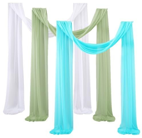 Highdi Hochzeitsbogen Hochzeit Vorhang, Chiffon Tüll Stoff Querbehang Freihanddeko Transparentem Voile Gardinen Foto Hintergrund Dekoration (70 * 600cm(3 Stück),Weiß + Salbeigrün + Himmelblau)