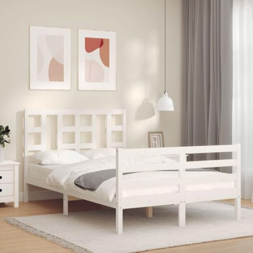 Sufrk Massivholzbett mit Kopfteil Bettgestell Bed Frame Holzbett Kopfteil Bett Schlafzimmer Bett Massivholzbetten Weiß 120x200 cm - 3193917