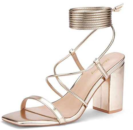 Zhabtuc Women's Strappy Chunky Heels Sandals, Gold Model-612, 8.5 UK