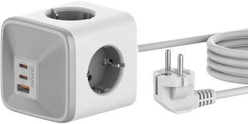 OUFUYU Ciabatta Multipresa Cubo con 4 Prese 4000W 2 USB C 1 USB A PD 30W, Caricabatterie Rapido per MacBook, iPad, iPhone 16/15/14/13/12, Galaxy S24, Stampante, Casa, Ufficio con cavo da 1,5 m Bianca