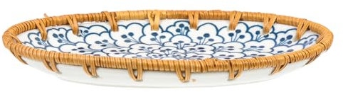 Cabilock 1pcs Ceramic Fruit Arrangement Tray Woven Side Rattan Plate for Snacks and Storage Decorative Indoor Plate for Dining Tables and Home Decor Flower Design