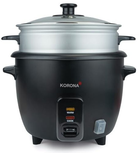 Korona 58020 - Arrocera 2 en 1, incluye inserto de cocción al vapor, 1 L, olla con revestimiento antiadherente, función de mantenimiento del calor, con cuchara y vaso medidor, potencia: 400 W