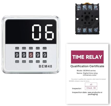 Rele 220V Rele temporizador 380V 0,1S-99H CC/CA 24-380V Relé con pantalla LED digital de 8 patillas + base (tiempo de avance/retroceso/retardo) BEM48S-2ZT luz blanca.