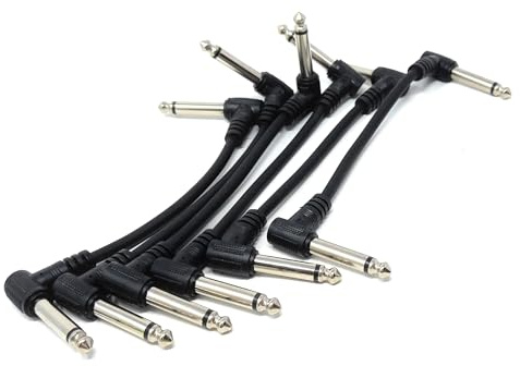 DRUT Patch Cables 6.35mm (1/4) TS Mono 90 Right Angle Jack to Jack Cable | Lead, Compatible With Guitar, Bass, Acoustic, Effects Pedal, Mixer, Speaker, DJ, Music instruments (6, Black, 15cm)