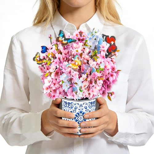 Greeting art popup-kort körsbärsblommor, 3D-födelsedagskort, bukett med sakura blommor, kort med fjärilar