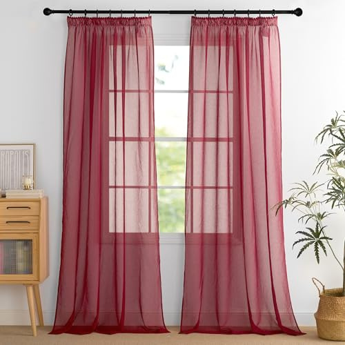 PONY DANCE Stores Gardinen mit Kräuselband Vorhang Transparent Wohnzimmer | Rot,H245 x B140 cm,2er Set,Schienensystem Vorhang Durchsichtig Schlafzimmer,Sheer Curtains Living Room,Luftig