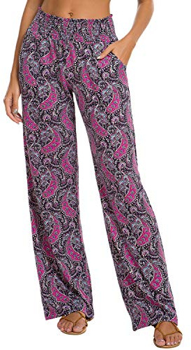 EXCHIC Dam Boho raka ben, elastisk midja, palazzobyxor, fritid, lätta yoga, loungebyxor med fickor, Serie 2#8, L