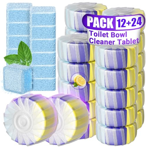 Nunemosk Toilet Rim Blocks, 24+12 Pack with Cleaning Tablets, Fresh Scent | Upgraded three-colour formula, Single and dual flush compatible, Individually wrapped, Designed for UK homes