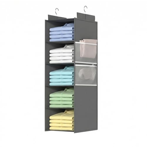ALLTIDYUP Extra Tiefer Hängeorganizer Schrank | Kleiderschrank Organizer mit 5 Fächern | Mesh-Taschen | Stabil | Platzsparend | Ideal für Studentenwohnheim | Wohnmobil | Grau | 1 Stück