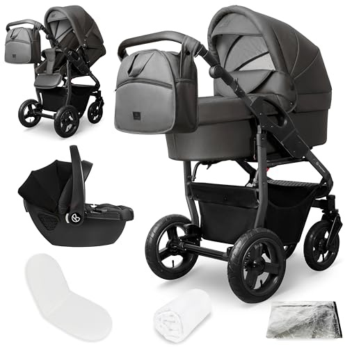 Bergsteiger Capri Kombikinderwagen 3-in-1 Babywanne Sportsitz Babyschale | Komfortables Reisesystem ab Geburt mit Luftreifen Rahmenfederung verstellbarem Griff Platzsparend faltbar und Wickeltasche