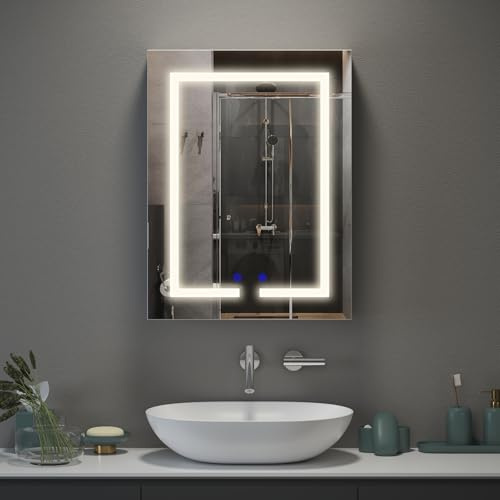 Spiegelschrank Bad mit Beleuchtung 50cm, Steckdose & 3 Farbtemperaturen | Dimmbarer Badezimmerschrank mit 3 Verstellbaren Regalen, Wandschrank, Entfogging-Funktion, Touch-Sensor, 50x66x15cm, Weiß