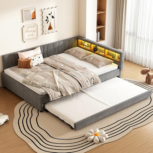 Polsterbett Schlafsofa 140x200, Doppelbett mit LED-Licht&USB Ladefunktion&Ausziehbett&Ablagefach, Funktionsbett Tagesbett Kinderbett Jugendbett Bettgestell mit Lattenrost, Leinen, Ohne Matratze, Grau