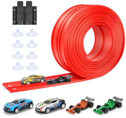 KETIEE Flexible Car Track 5M, Race Track Car Track Ramp Includes 4 Cars, Toy Car Race Track Rolls Up Portable Dual Racetrack for Jumps Loops Ramps for Track 1/64th Cars for Ages 3+, Red