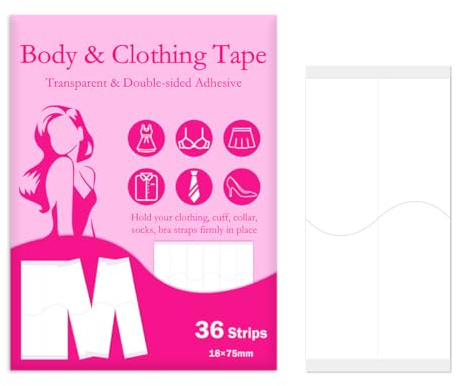 GNHG Nastro Biadesivo Trasparente per Corpo e Abiti – 36 Strisce (1.8 x 7.5 cm), Forte Adesione, Invisibile, Delicato sulla Pelle, Perfetto per Maniche, Scollo e Abiti da Sposa