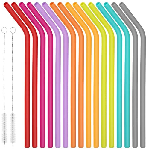 16 pailles en silicone, pailles en silicone colorées réutilisables, pailles durables multicolores, avec 2 brosses à paille, pour la cuisine, la salle à manger, la fête, le barbecue
