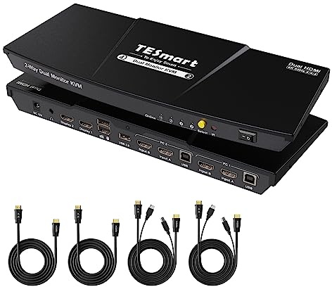 TESmart Commutateur KVM 2 moniteurs 2 ordinateurs 4K @ 60 Hz, HDMI double moniteur KVM avec hub USB 2.0, émulateurs EDID, raccourci/bouton/commutation à distance infrarouge, audio L/R, HDCP 2.2, HDR10