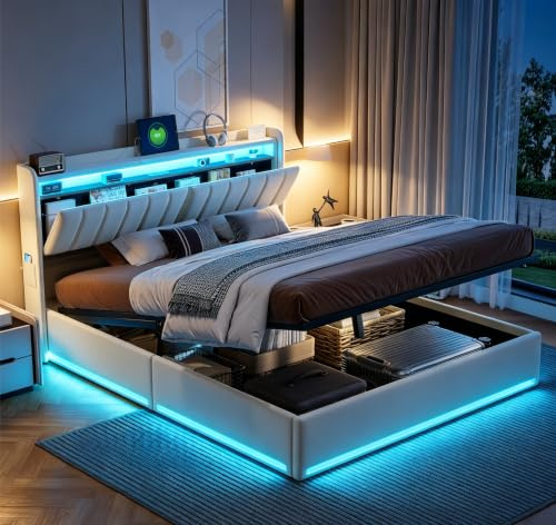 RTYUSWL Cama doble tapizada de 140 x 200 cm, cama hidráulica de 140 x 200 cm, con cajón y somier, cabecero de almacenamiento con LED y estación de carga USB, cama juvenil de madera maciza y terciopelo