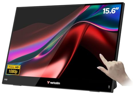 Verbatim Bärbar pekskärm 15,6 tum Full HD mobil bildskärm bärbar plastskärm för bärbar dator, surfplatta, smartphone, PS5 eller Nintendo Switch med USB-A, USB-C och HDMI-portar, svart