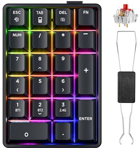 Number Pad Wireless 2.4G/Bluetooth 5.0/Wired USB-C 3 Mode Numeric Keypad,21Keys RGB Backlit Hot Swappable Numpad, Rechargeable Number keypad, Mechanical numberpad with PBT Keycap for PC/Laptop/Desktop