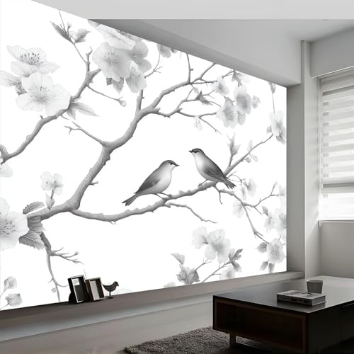 Carta da parati panoramica acquerello rami fiori uccelli, foto murale moderna 400L x 280A cm - Carta da parati decorazione casa stile minimalista per soggiorno camera dei bambini ufficio
