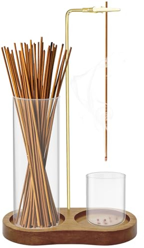 2 en 1 Porte-Encens avec Base Bois, Bâtons Encens Inversé, Récupérateur Cendres Verre Amovible, Brûleur Encens pour Yoga, Spa, Thé, Méditation Zen, Aromathérapie, Décoration Chambre (Marron)