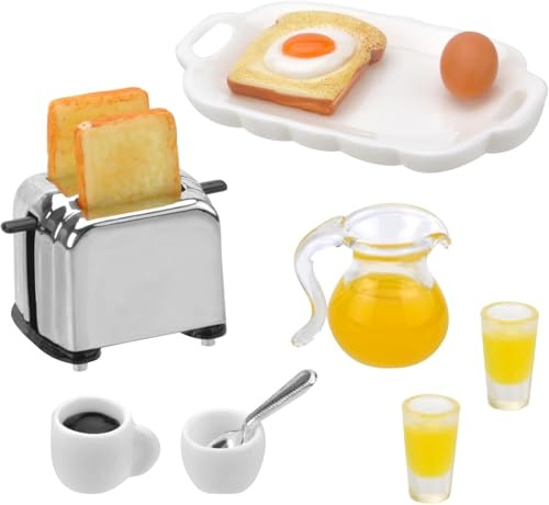 Miniatyr tillbehör frukost, mini dockhus tillbehör, docksele porslin, miniatyr kök mini mat mini rostmaskin bröd ägg kaffe koppar tallrik sked för dockhus kök