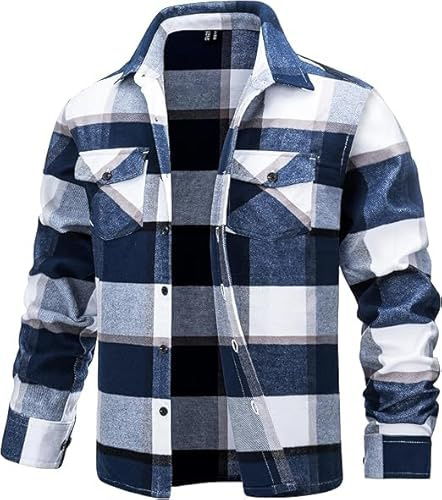TACVASEN Flannel Shirts for Men Long Sleeve Plaid Cotton Shirt Jacket Blue