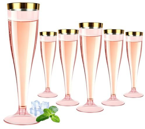 Kozdtiz Plastic Champagne Flutes, 30 PCS Plastic Champagne Glasses 135 ml Reusable Prosecco Glasses with Pink Gold Trim for Parties Christmas Weddings & Toasts Birthdays Reusable 16.4 x 5.8 cm