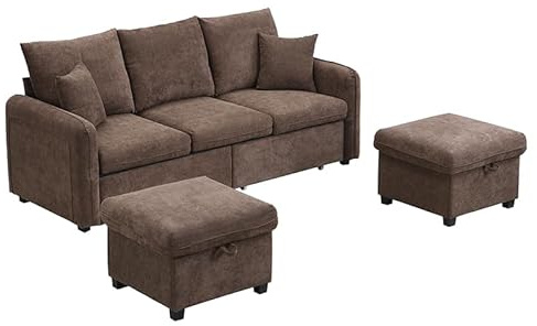 Hmluxury Multifunktionales Ecksofa Mit Schlaffunktion Und Stauraum, Modular Zerlegbar, Chenille-Bezug, Inklusive Hocker Und Schubladen – U-Form Dreisitzer Als L-Form-Liege Oder Einzelbett Nutzbar