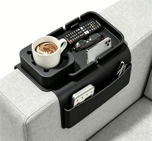 Silicone Sofa Arm Caddy with Extra Large Cup Holder & Phone Tablet Stand, Non-Slip Heatproof Armrest Organiser with Multi Pockets for Remotes, Drinks, Snacks & Glasses (Black)