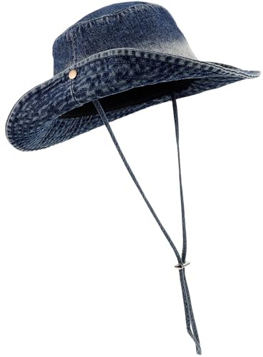 TINEASUR Sommer Jeans Bucket Hüte Damen und Herren aus Baumwoll Denim Leichter Cowboyhut mit Kinnriemen Bequemer Fischerhut für Angeln und Wandern im Freien