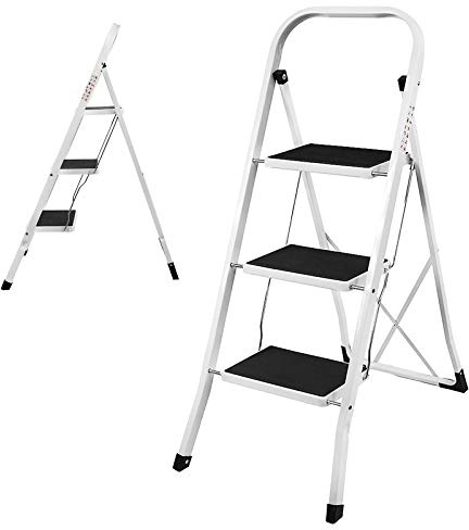 3 Tread Step Ladder Steel Sturdy Foldable Heavy Duty Compact Easy to Store, Stepladder Stool for Home Kitchen Garden Office, 330lbs Capacity