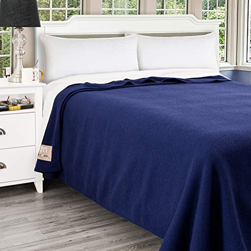 Poyet Motte Antibes 350GSM 100-Percent Wool Medium Weight Oversized Blanket, Machine Washable (Navy Blue, Full/Queen Size)