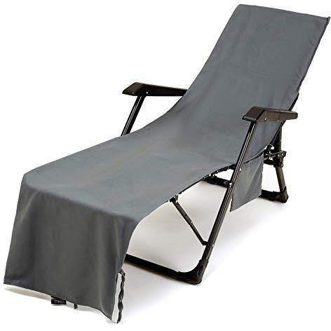 Strandkorb-Handtuch mit Seitentaschen, Bunt Einfarbig Chaiselongue Handtuchbezug für Sonnenliege, Pool, Sonnenbad, Garten, Strand, Hotel, Übergröße,210 x 75 cm (Grau, 75 × 210 cm)