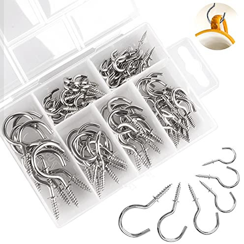 yeestone Small Hooks Screw in, 6 Sizes Metal Screw Hooks for Wood, 75PCS Cup Hooks Screw in, Sliver Screw in Hooks for Hanging Mug Key and Garden Lights