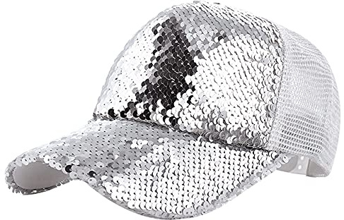 LABANCA Glitter Sequin Baseball Cap Hat Adjustable Mesh Caps Baseball Party Hat for Women and Girls (Silver)
