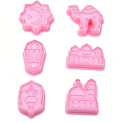 6 stycken kakform, Eid Mubarak kakformar, kakstämpel av plast tecknad film, kakbakningsform, gäller för påskkakor, tårtdekoration (rosa)