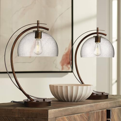 Possini Euro Design Calvin Modern Desk Lamps Set of 2 with USB Charging Port 22 1/2 High Bronze Brown Metal LED Clear Seeded Glass Dome Shade for Bedroom Living Room Nightstand House Home Office