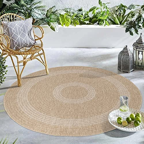 Carpetsale24 Runder In & Outdoor Teppich Wetterfest Sisal Optik Beige 160 cm Rund - Waschbarer Küchenteppich Wasserfest Flachgewebe Natur Optik Vintage Design Teppiche für Balkon Terrasse Wohnzimmer