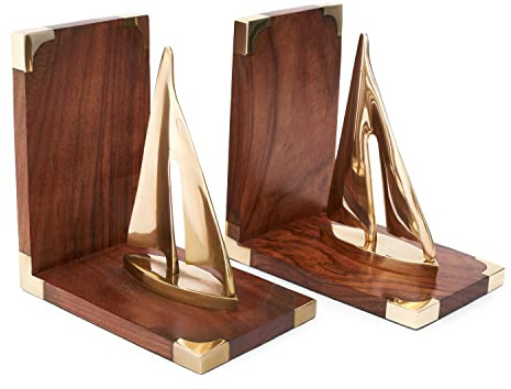 NKlaus Buchstützen Messing; Holz Gold; Messing 1 Maritim Segler, 2 Stück | Höhe: 17cm; Länge: 16cm; Tiefe: 10cm; 16x10x17cm; 1100g; 550g; 16cm; 10cm