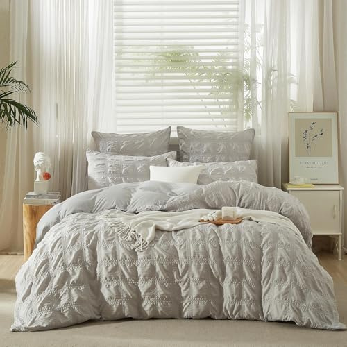 YASMENG Seersucker Bettwäsche 220x240 Sommer Grau Modern Kariert Bettwäsche Weiche Flauschig Atmungsaktiv Bettbezug Set Mikrofaser Bettwäsche 3 Teilig mit Reißverschluss und 2 Kissenbezüge 80x80 cm