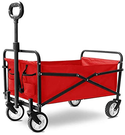 MOLVUS Folding Portable Garden Trolley Cart Heavy Duty Wagon Multi-Function Shopping Cart for Outdoor Camping Beach Supermarket Pull Truck with 4 Wheels, Load：60Kg (Red)