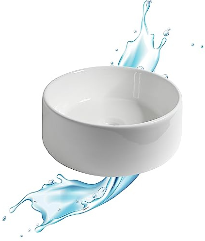 Lavabo bagno forma rotonda in Ceramica Bianco Lucido Misure 41 x 41 x 15.5 cm - Per piani d'appoggio in bagno e mobili da toilette