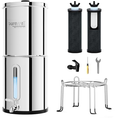 Purewell Sistema de filtro de agua por gravedad de 2,25 g con ventana de nivel de agua, sistema de encimera de acero inoxidable de ultra filtración de 3 etapas de 0,01 μm con 2 filtros y soporte